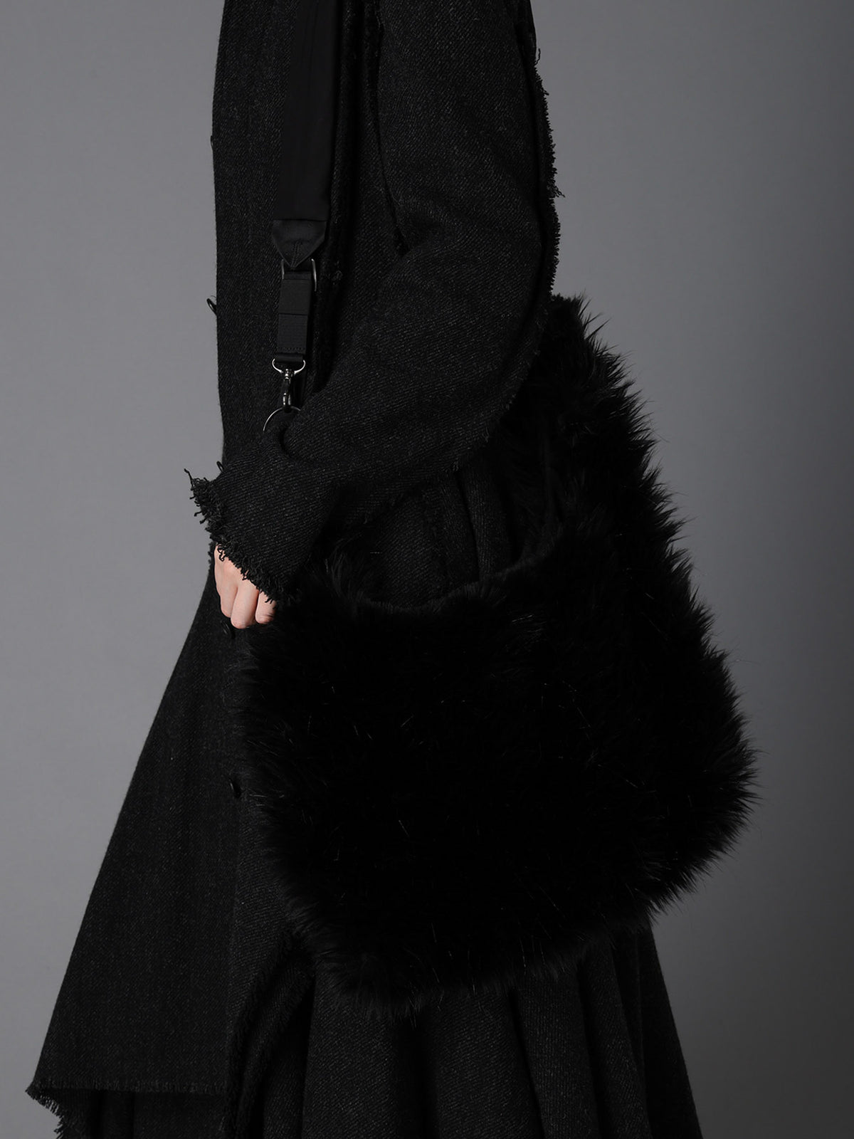 LONG FUR+COTTON TWILL 3 WAY SHOULDER STRAP FUR BAG