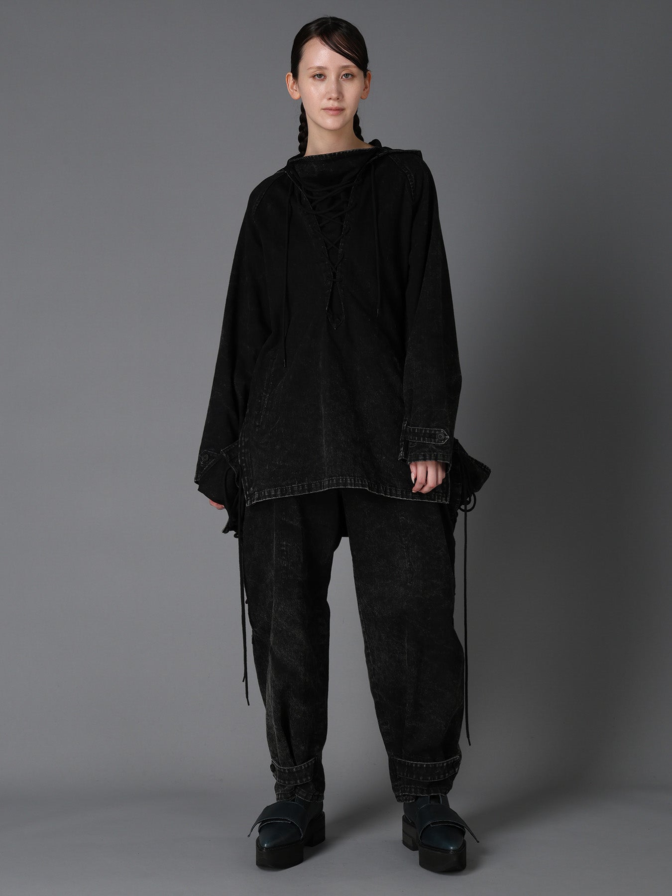 CHEMICAL BLEACHED DENIM LACE UP PANTS – THE SHOP YOHJI YAMAMOTO