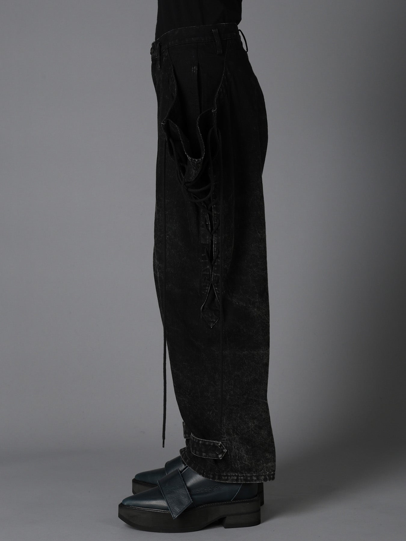 CHEMICAL BLEACHED DENIM LACE UP PANTS – THE SHOP YOHJI YAMAMOTO