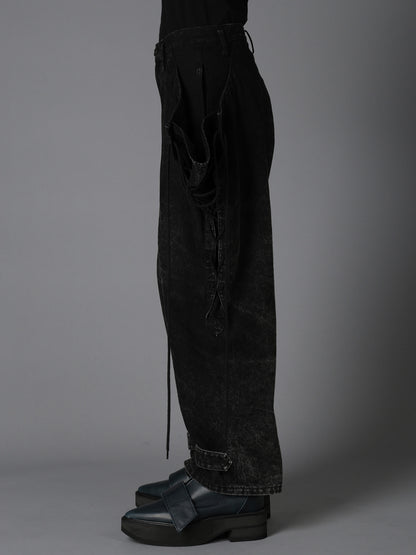 CHEMICAL BLEACHED DENIM LACE UP PANTS
