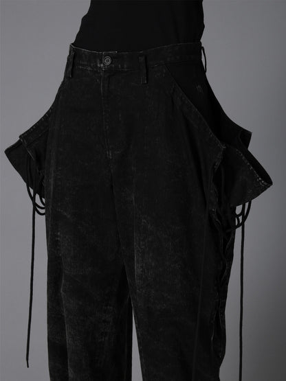 CHEMICAL BLEACHED DENIM LACE UP PANTS