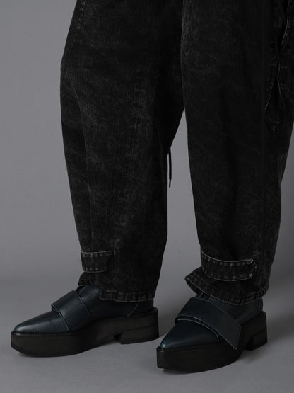 CHEMICAL BLEACHED DENIM LACE UP PANTS