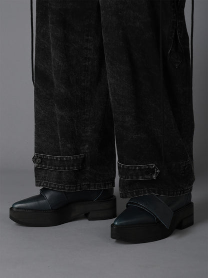 CHEMICAL BLEACHED DENIM LACE UP PANTS