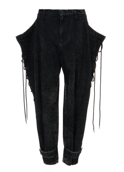 CHEMICAL BLEACHED DENIM LACE UP PANTS