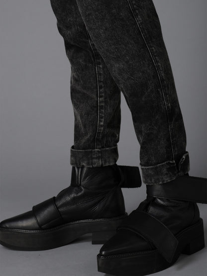 CHEMICAL BLEACHED DENIM CUFFED PANTS