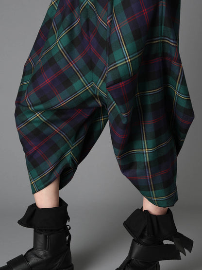 GREEN TARTAN WIDE TUCK PANTS