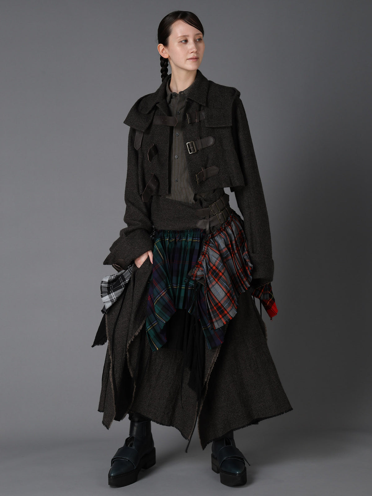 SERGE+PLAID PLEATED DETAIL SKIRT