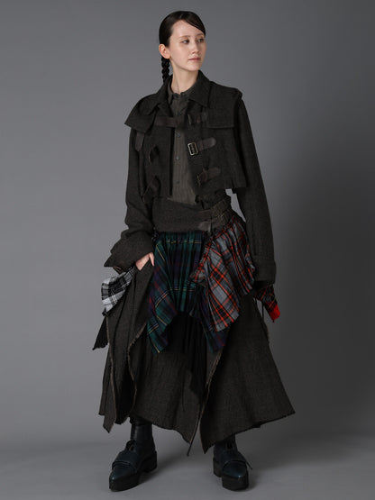 SERGE+PLAID PLEATED DETAIL SKIRT