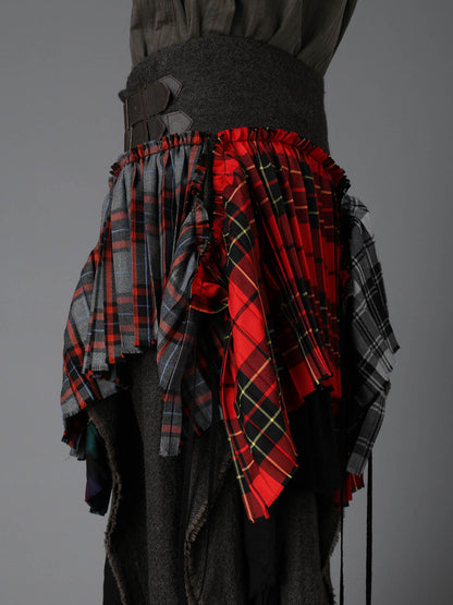 SERGE+PLAID PLEATED DETAIL SKIRT