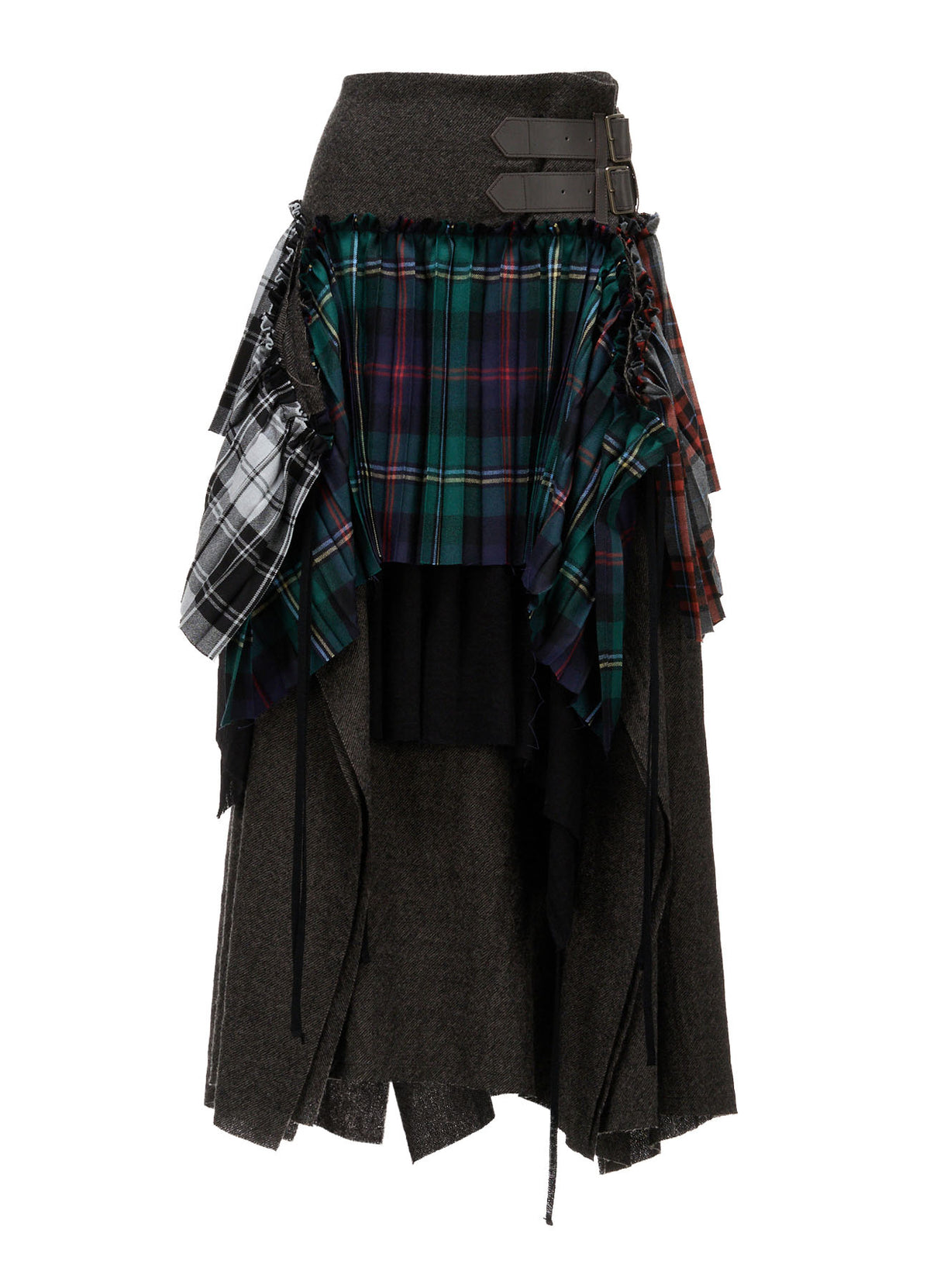 SERGE+PLAID PLEATED DETAIL SKIRT