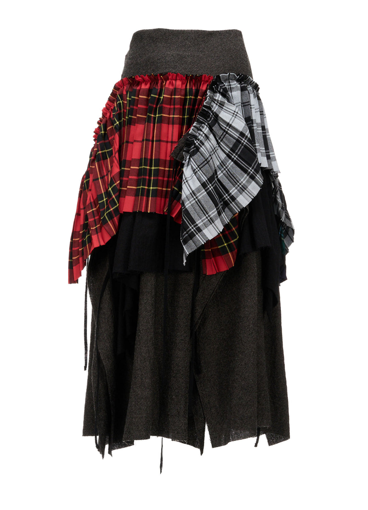 SERGE+PLAID PLEATED DETAIL SKIRT