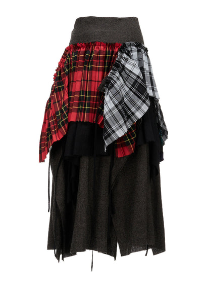 SERGE+PLAID PLEATED DETAIL SKIRT