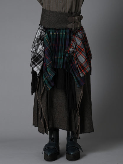 SERGE+PLAID PLEATED DETAIL SKIRT