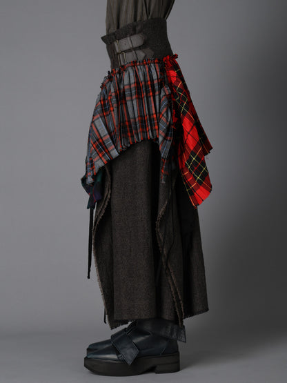 SERGE+PLAID PLEATED DETAIL SKIRT
