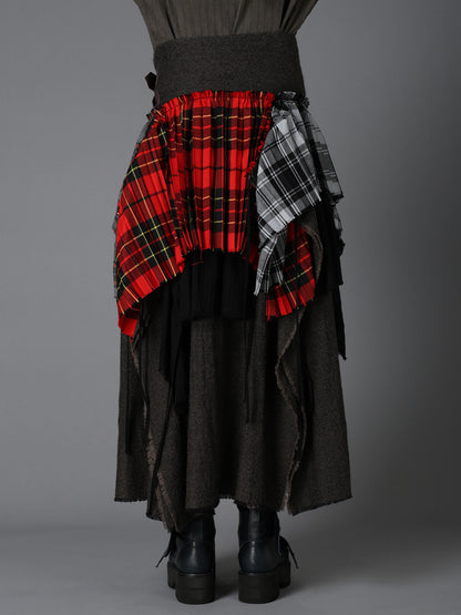 SERGE+PLAID PLEATED DETAIL SKIRT