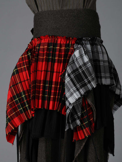 SERGE+PLAID PLEATED DETAIL SKIRT