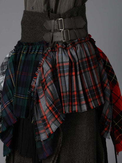 SERGE+PLAID PLEATED DETAIL SKIRT