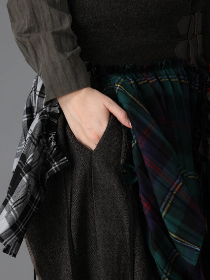 SERGE+PLAID PLEATED DETAIL SKIRT