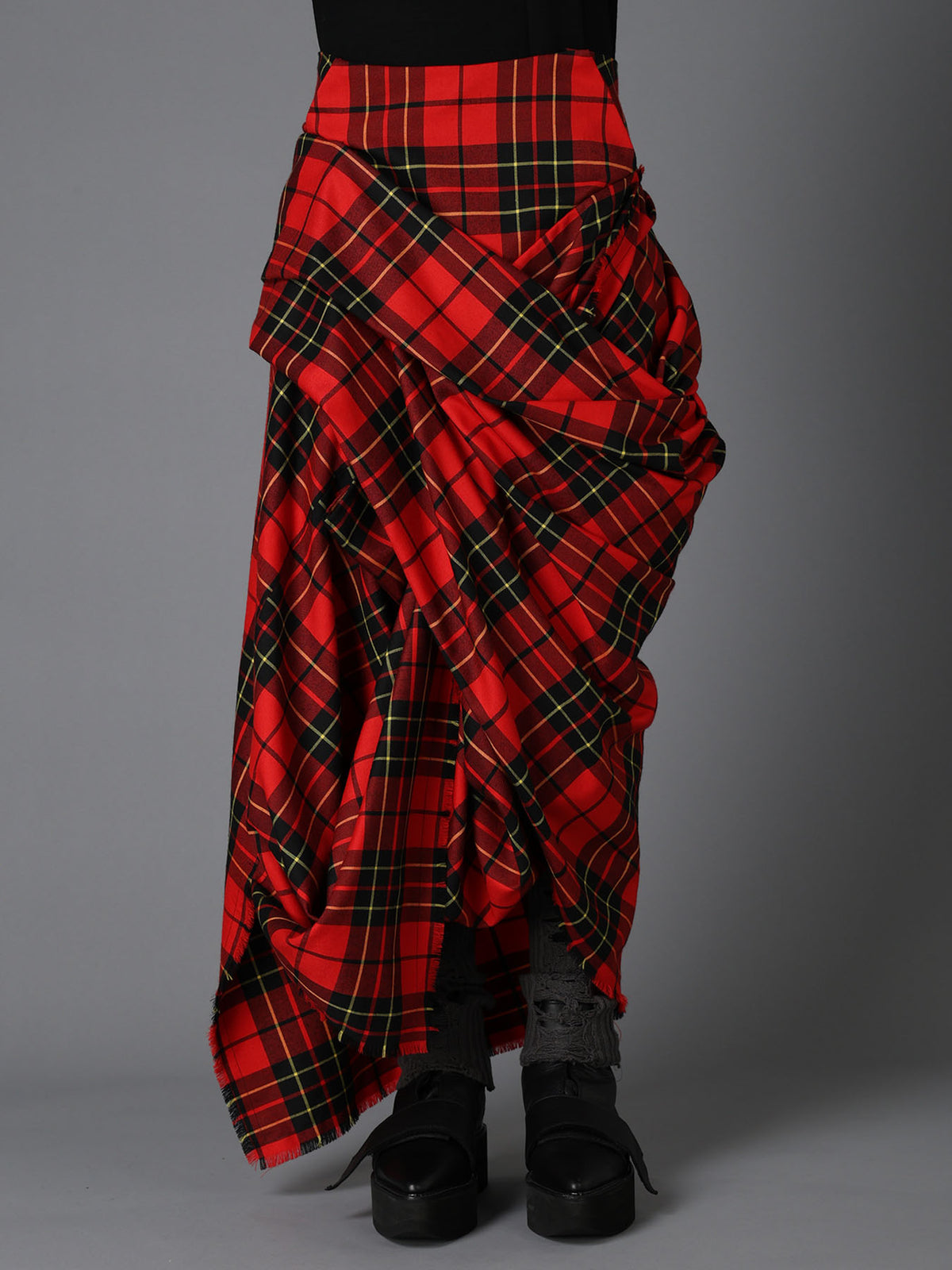 RED TARTAN DRAPED SKIRT