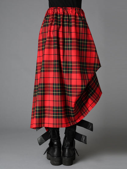 RED TARTAN IRREGULAR HEM LINE SKIRT