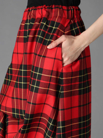 RED TARTAN IRREGULAR HEM LINE SKIRT