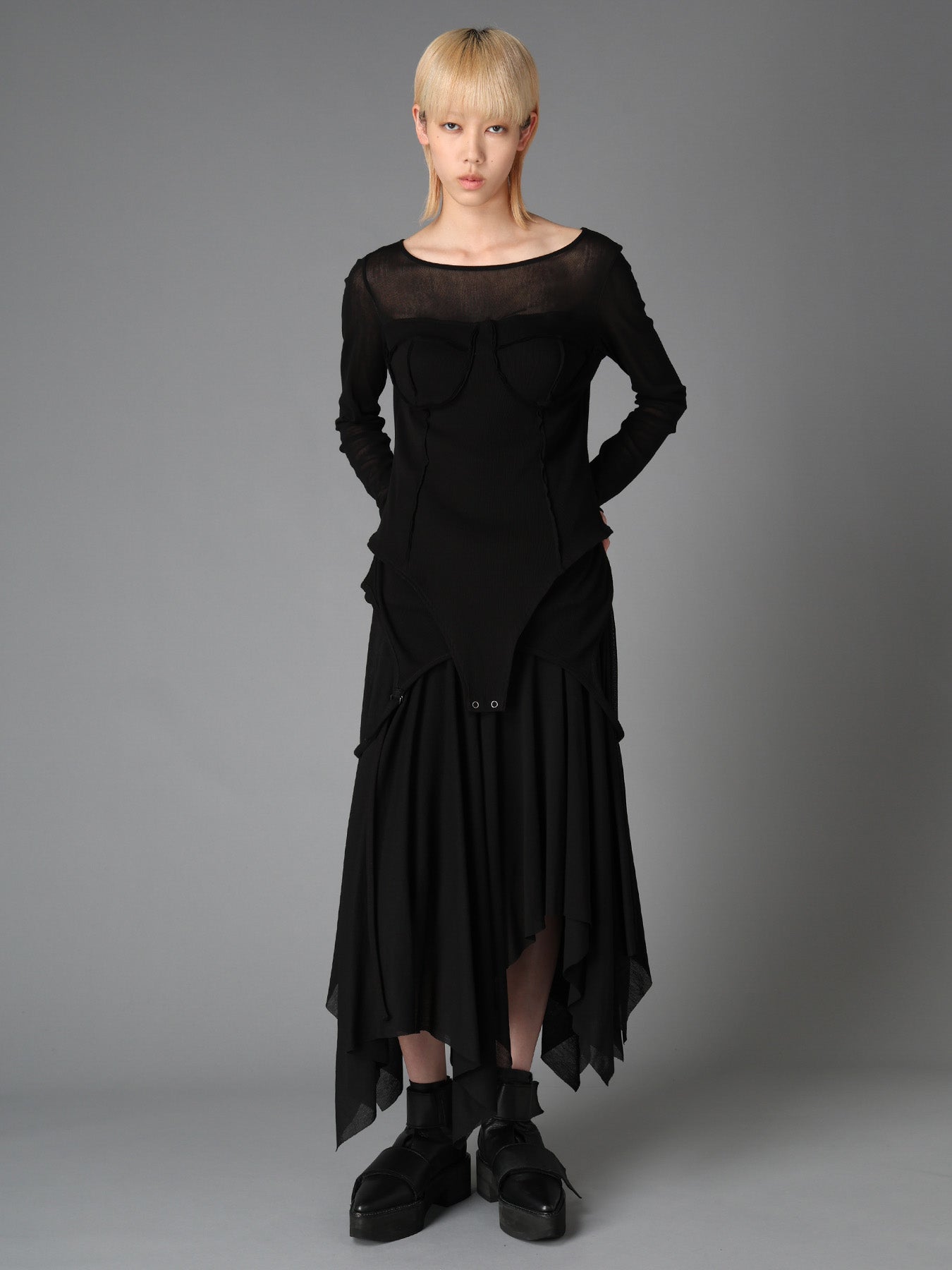 RIB KNIT+TULLE BUSTIER BODYSUIT