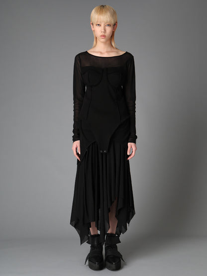 RIB KNIT+TULLE BUSTIER BODYSUIT