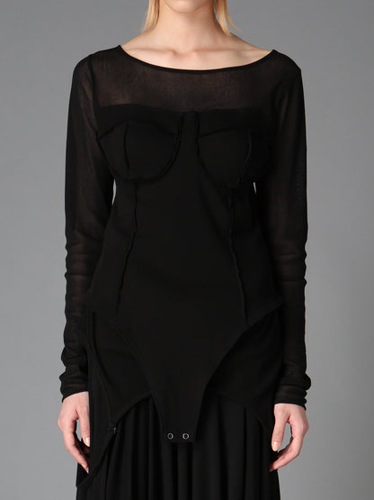 RIB KNIT+TULLE BUSTIER BODYSUIT