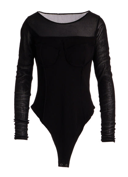 RIB KNIT+TULLE BUSTIER BODYSUIT
