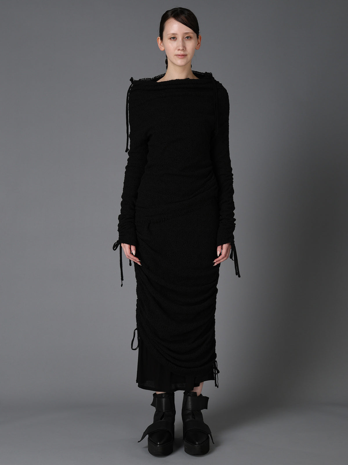 LACE+RIB KNIT GATHERED SLIM T