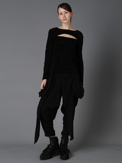 FLOCKED TULLE SLIT CHEST LONG SLEEVE T