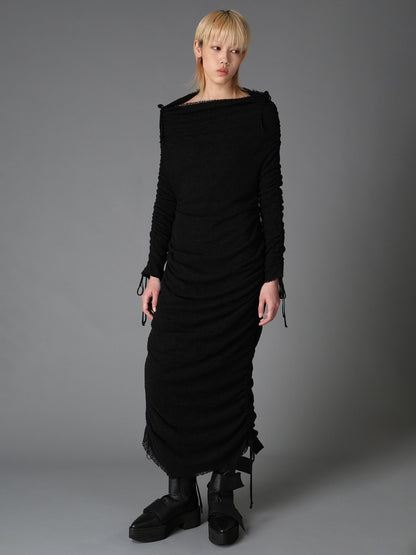 LACE+RIB KNIT GATHERED SLIM FIT DRESS