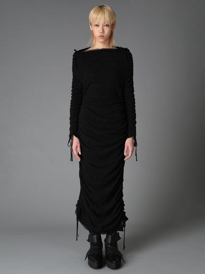LACE+RIB KNIT GATHERED SLIM FIT DRESS