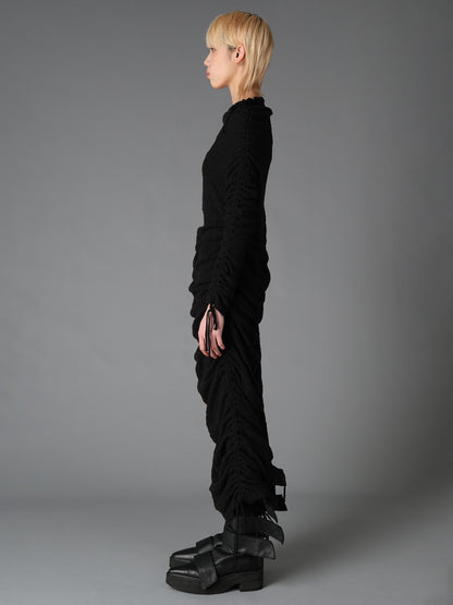LACE+RIB KNIT GATHERED SLIM FIT DRESS