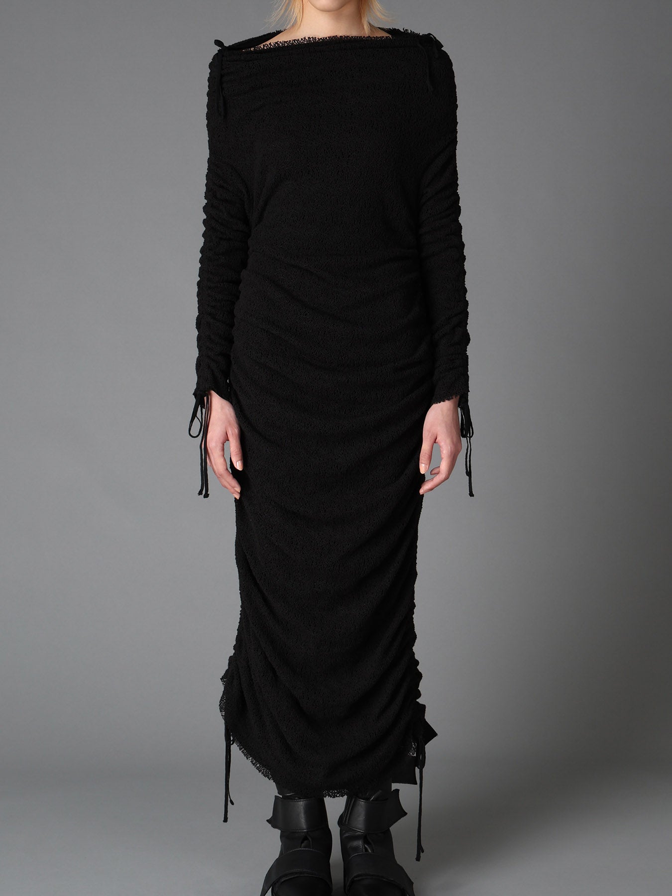 LACE+RIB KNIT GATHERED SLIM FIT DRESS – THE SHOP YOHJI YAMAMOTO