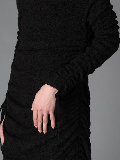 LACE+RIB KNIT GATHERED SLIM FIT DRESS