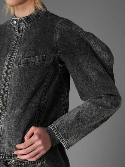 MIST BLEACHED DENIM STAND COLLAR BLOUSON