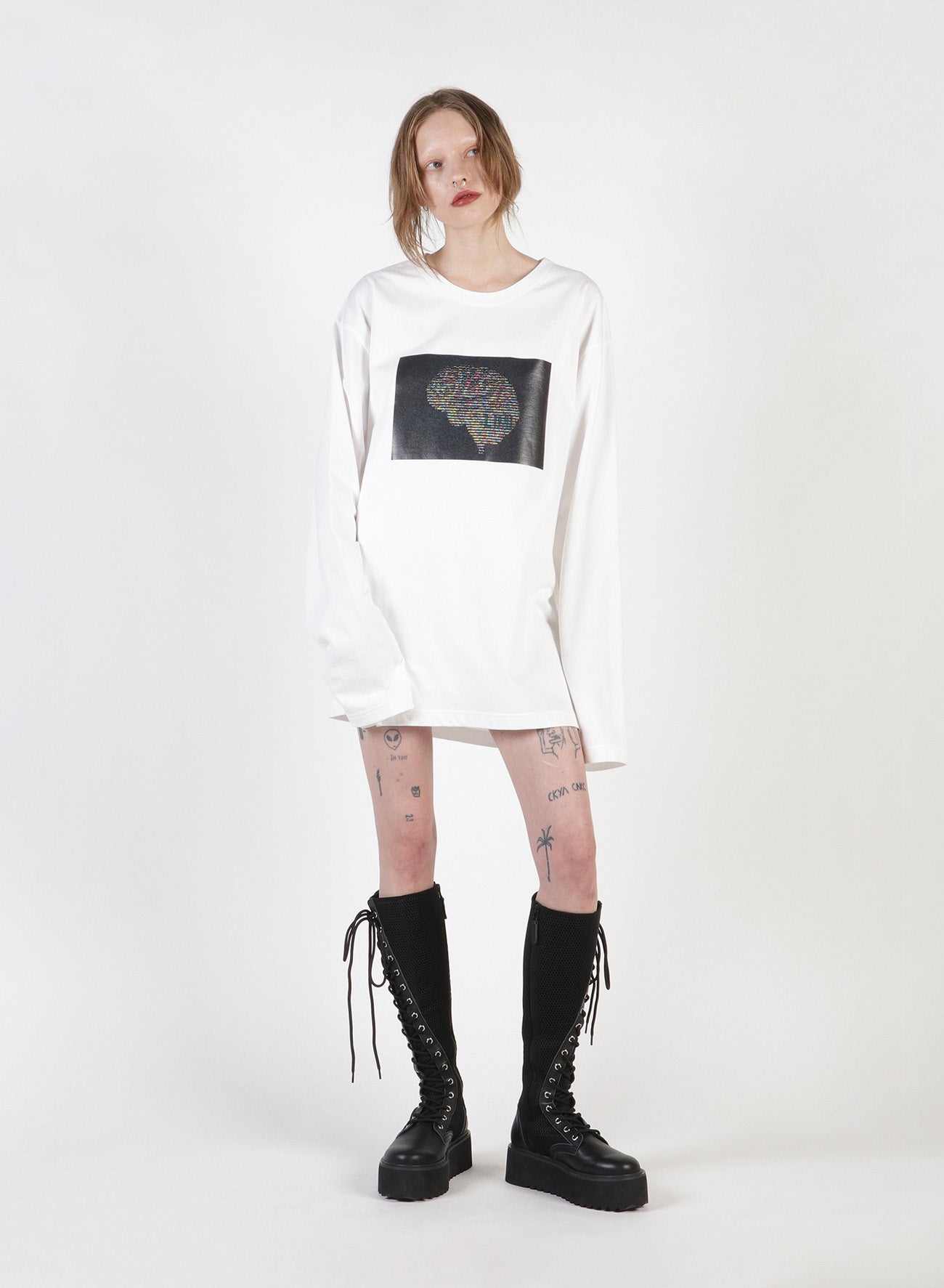 Ascii Brain Print Oversized Long T-Shirt