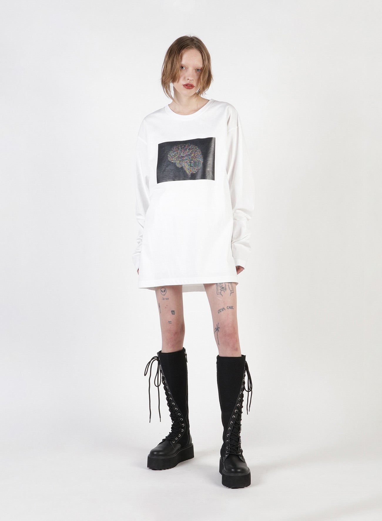 Ascii Brain Print Oversized Long T-Shirt