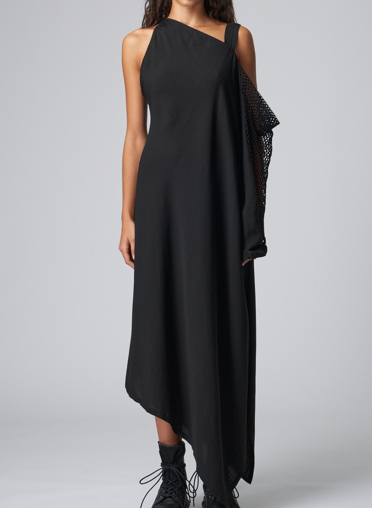 LYOCEL/CUPRO GABARDINE ASYMMETRIC DRESS WITH NET SLEEVE