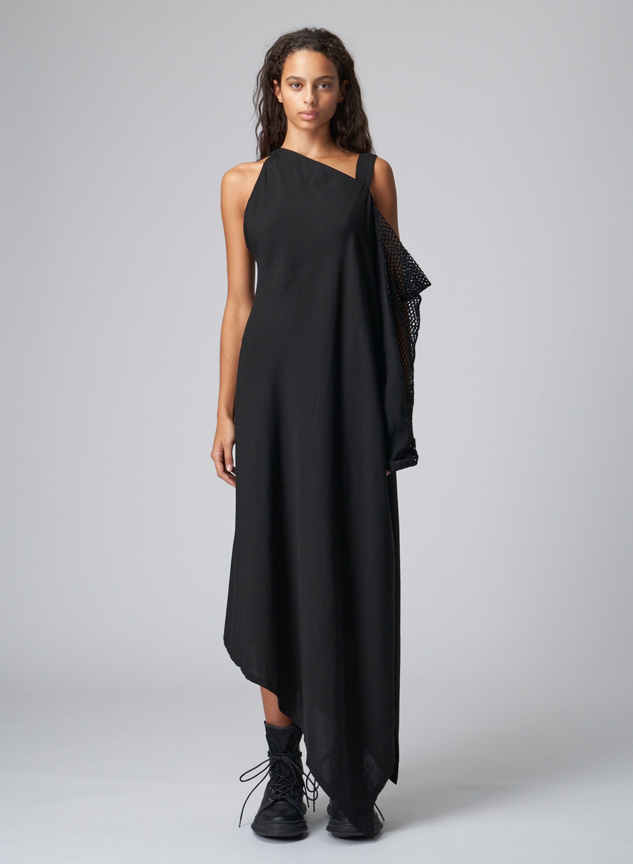 LYOCEL/CUPRO GABARDINE ASYMMETRIC DRESS WITH NET SLEEVE