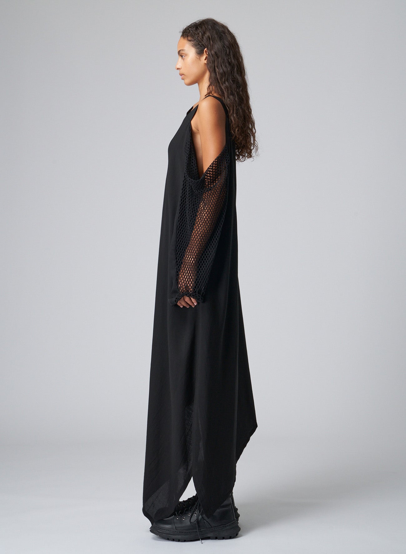 LYOCEL/CUPRO GABARDINE ASYMMETRIC DRESS WITH NET SLEEVE