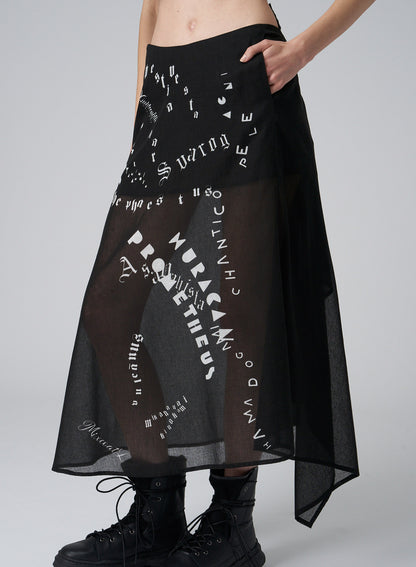 FIRE GODS PRINT ASYMMETRIC FLARED SKIRT