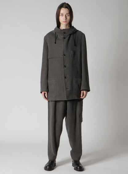 INK-DYED LINEN-WOOL VIYELLA HOODED JACKET