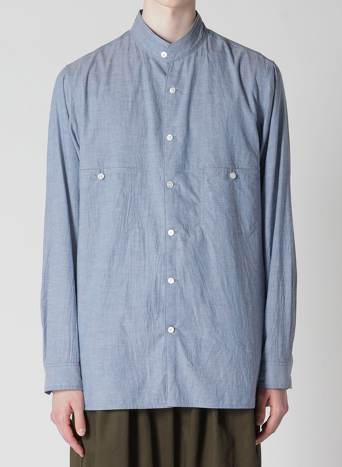 CHAIN STITCH CHAMBRAY SHIRT WITH STAND COLLAR