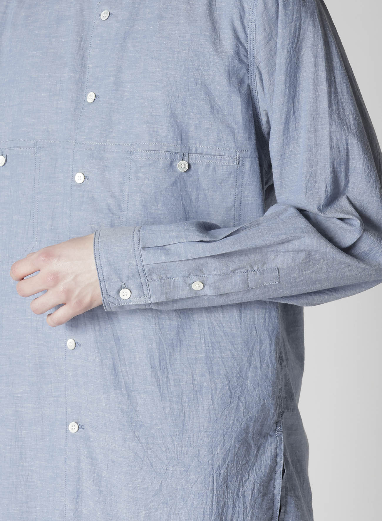 CHAIN STITCH CHAMBRAY SHIRT WITH STAND COLLAR