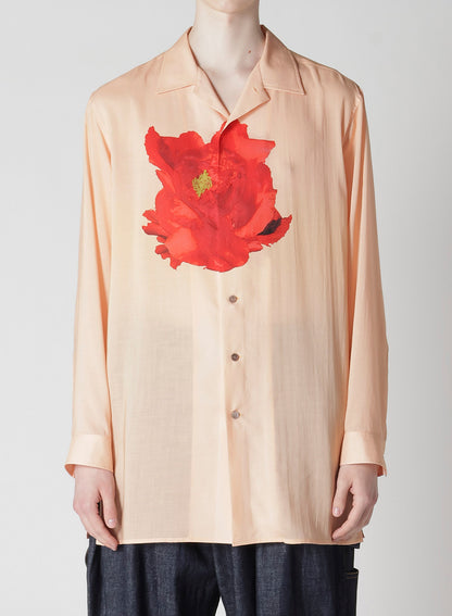 SALMON PINK OPEN-COLLARED SHIRT WITH LARGE RED FLOWER