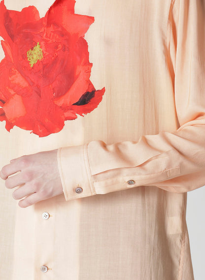 SALMON PINK OPEN-COLLARED SHIRT WITH LARGE RED FLOWER