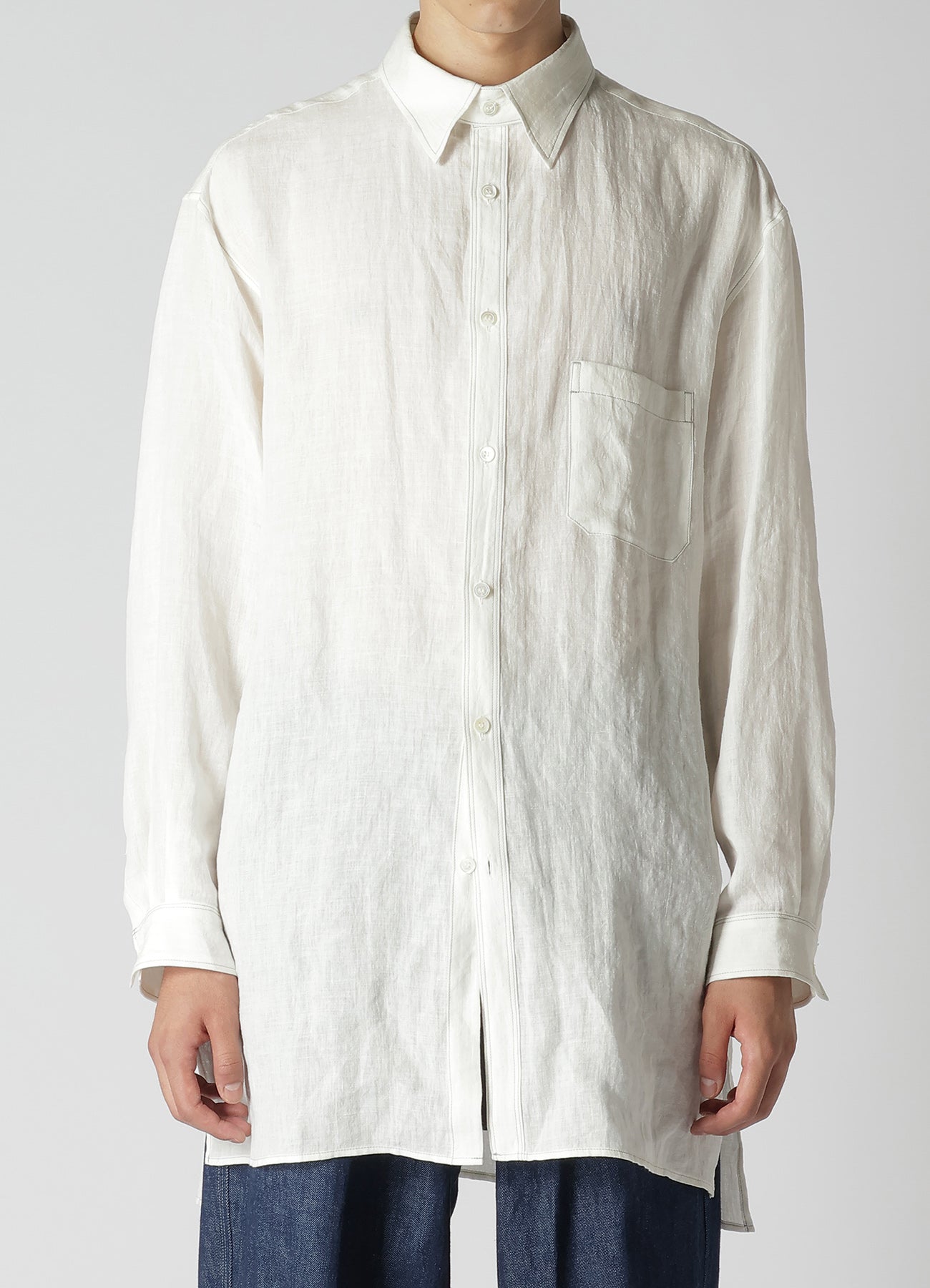 WHITE 60 LINEN LAWN SHIRT WITH ASYMMETRY COLLAR AND COLLOR COMBI DOUBLE STITCH