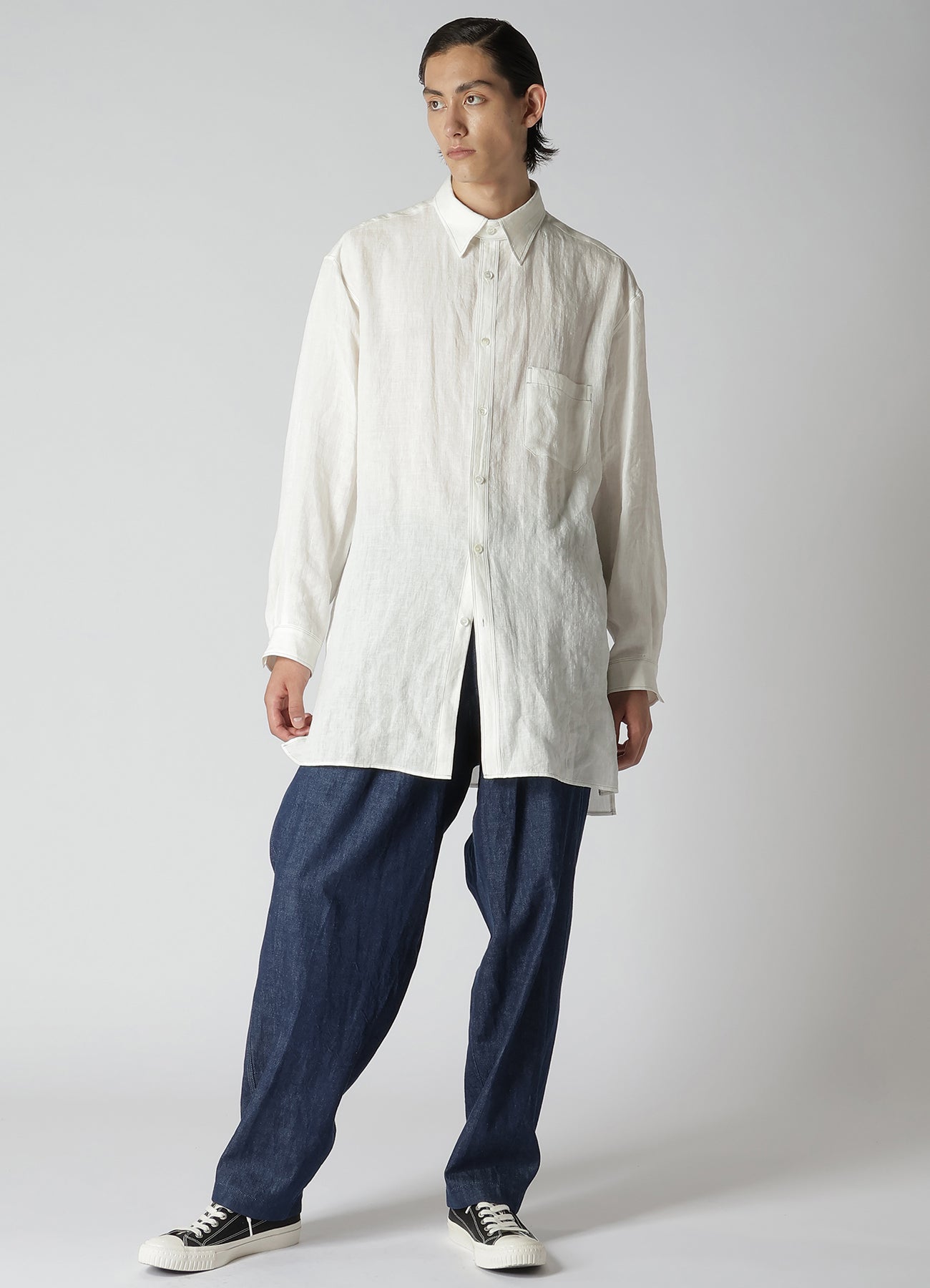 WHITE 60 LINEN LAWN SHIRT WITH ASYMMETRY COLLAR AND COLLOR COMBI DOUBLE STITCH